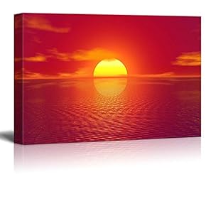Canvas Print Wall Art Modern Home Art - Majestic View of Red Sunrise on The Sea | Giclee Printing Ready to Hang - 16" x 24"