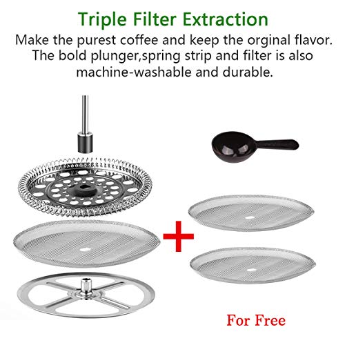French Press Coffee Maker Double-Wall 18/8 Stainless Steel Coffee and Tea Maker, Bonus Stainless Steel Screen and Coffee Powder Spoon, 34OZ - Thumbnail 2