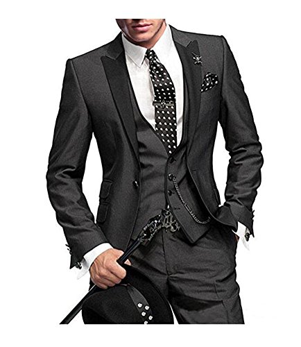 One Button 3 Pieces Charcoal Wedding Suits Notch Lapel Men Suits Groom Tuxedos Charcoal 36 chest / 30 waist
