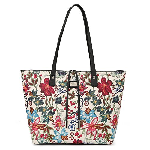 DAVIDJONES Women's Faux Leather Top Handle Shoulder Flora Handbags Vintage Tote Purse -- WHITE