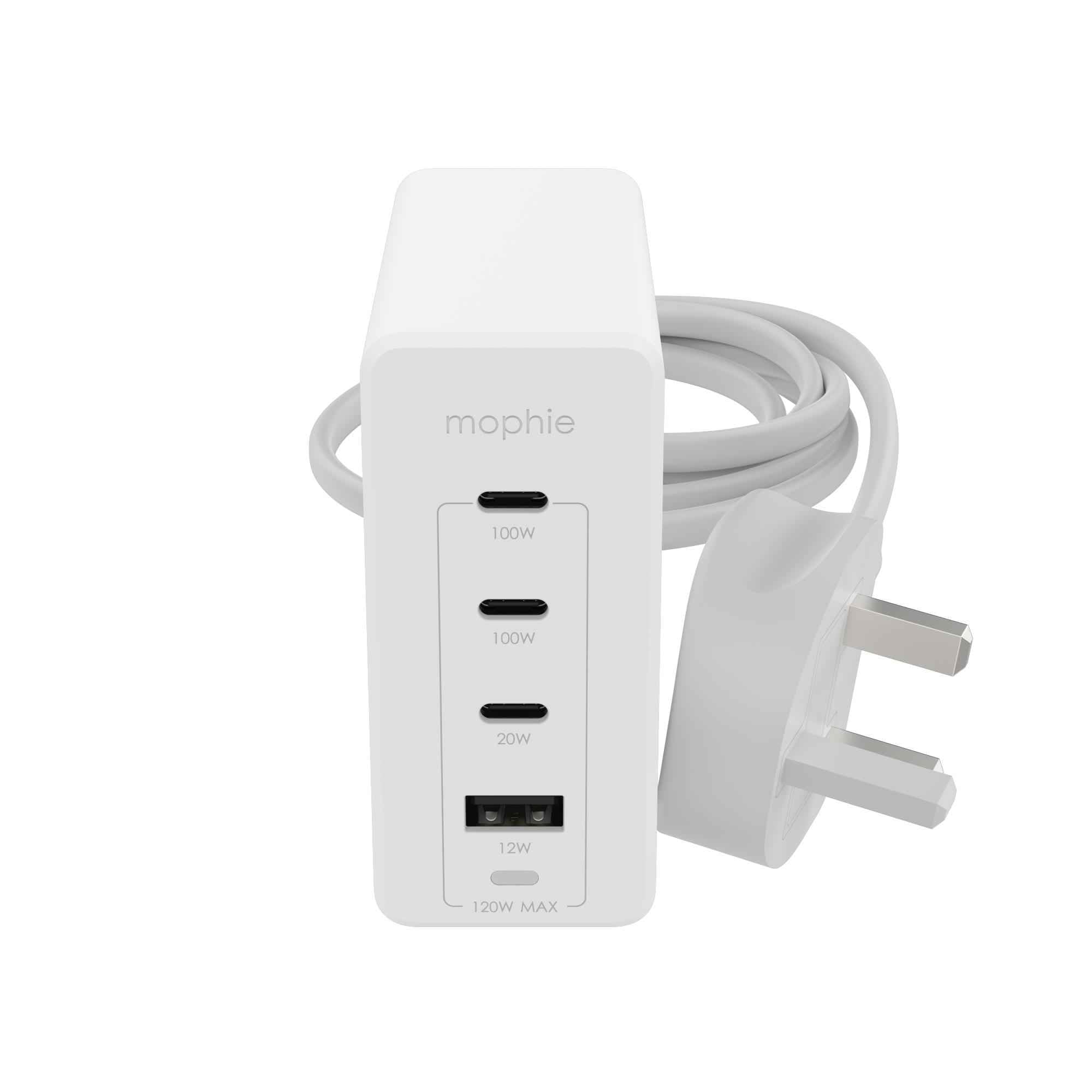 ZAGG mophie Speedport 120W 4-Ports USB-C & USB-A Fast Charger, UK Wall Adapter for SmartPhones, Tablets, & Laptops - GaN, Ultra-Compact, Travel-Friendly, Charges 4 Devices Simultaneously (White)