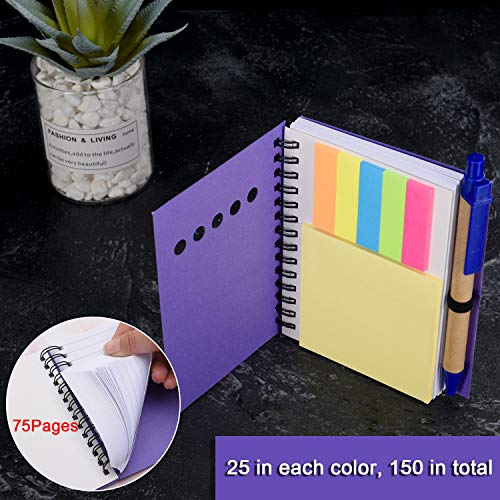 Maxdot 4 Pieces Kraft Paper Steno Pocket Business Notebook Spiral Lined Notepad Set with Pen in Holder, Sticky Colored Notes Page Marker Tabs (Purple Cover) - Thumbnail 6