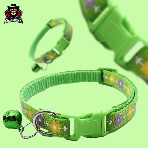 Chipmonk Cat & Puppy Collar with Bell,Kitten & Small Dogs Soft Adjustable,Safe,Solid & Protective Breakaway for Cats & Puppies,Cute Kitty Neckband with Flower Print-(Green) 4