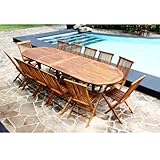 Salon de jardin en Teck huilÂ© - Table ovale + 12 chaises pliantes
