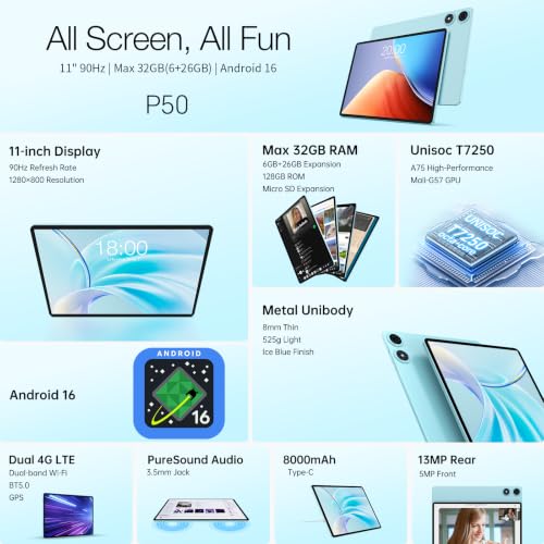 TECLAST P50 Tablet 11 Inch 90Hz Tablets Android 16, T7250 2GHz Octa-Core, 32GB RAM+128GB ROM(TF 6TB), 8000mAh, Dual SIM 4G LTE +5G WiFi, Widevine L1/13MP/GPS/OTG, Gemini AI Tablet with Pen+Case