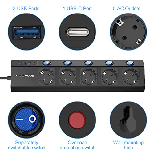 Power Strip, Individually Switchable, 5-Way Power Strip, Wall Mounted with 1 USB-C Quick Charger (PD 20 W) and 3 USB Power Strips, Multiple Socket with Surge Protection (3680 W/16 A), 2 m Cable