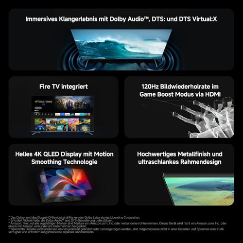 Xiaomi TV F Pro 75(190 cm), 4K UHD QLED, Smart TV, Fire OS8, Triple Tuner DVB-C/S/S2/T/T2,HDR10+, 60Hz mit 120Hz Game Boost Mode,MEMC,Sprachsteuerung mit Alexa,2GB+32GB,Kompatibel mit Apple AirPlay 2