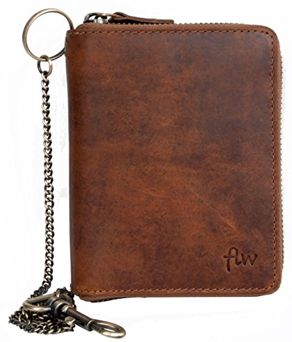 Glazed Genuine Leather Zip-around (zipper around) Wallet with Metal Chain to Hang