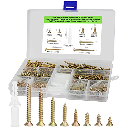 420 Pcs Self Tapping Screws,Wood Screws Assortment,Color Zinc Countersunk Screws for Wood,Contains 20 Pcs M6 Screw Anchors for Diy, Furniture & Repairs