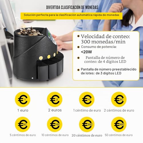 Contador de Monedas Euro Profesional, 300 PCS por Minuto, Clasificador de Monedas Pantalla LED de 7 Dígitos, Máquina Contar Monedas con 8 Cajas de Recolección de Alta Precisión