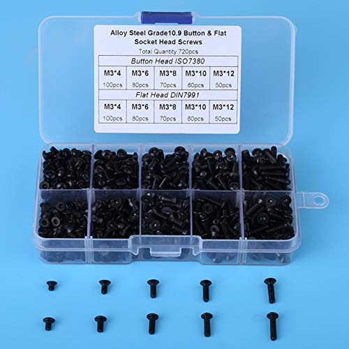 720pcs Black Flat Head Hex Socket Screws with Plastic Box M3x4/6/8/10/12, Screw