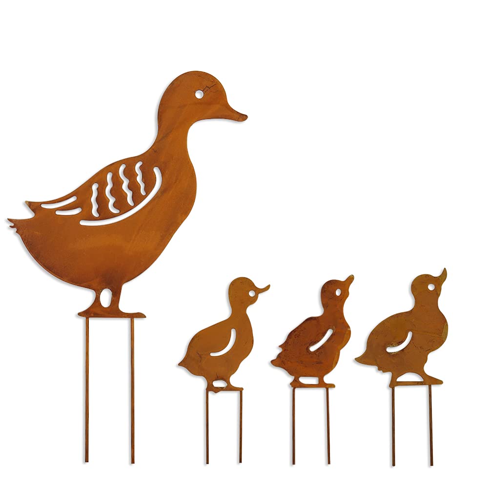 Haohai 4 Pcs Animal Silhouette Garden Stake, Garden Hollow Garden Decorations, Metal duck Hollow Statues for Courtyard, Lawn, Garden Decoration (Yellow)