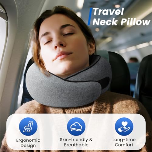 Aeroplane Neck Pillow, Support Neck Travel Pillow, Includes Storage Bag, Eye Mask, Ear Plugs, Removable Cover, Travel Pillow for Plane, Train, Car & Business Trips, Large, Dark Grey