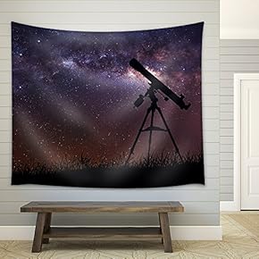 Infinite Space Background with Silhouette of Telescope. - Fabric Wall Tapestry Home Decor - 51x60 inches