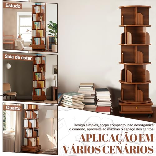 Estante para Livros, Estante Livreiro Giratória 360 Graus, Estánte Giratória, 5 Andares Estanté Girátoriá Livrós, Estanté Livros com Destacável Nichós, Livreiro Estánte Livrós, Base com gavetas