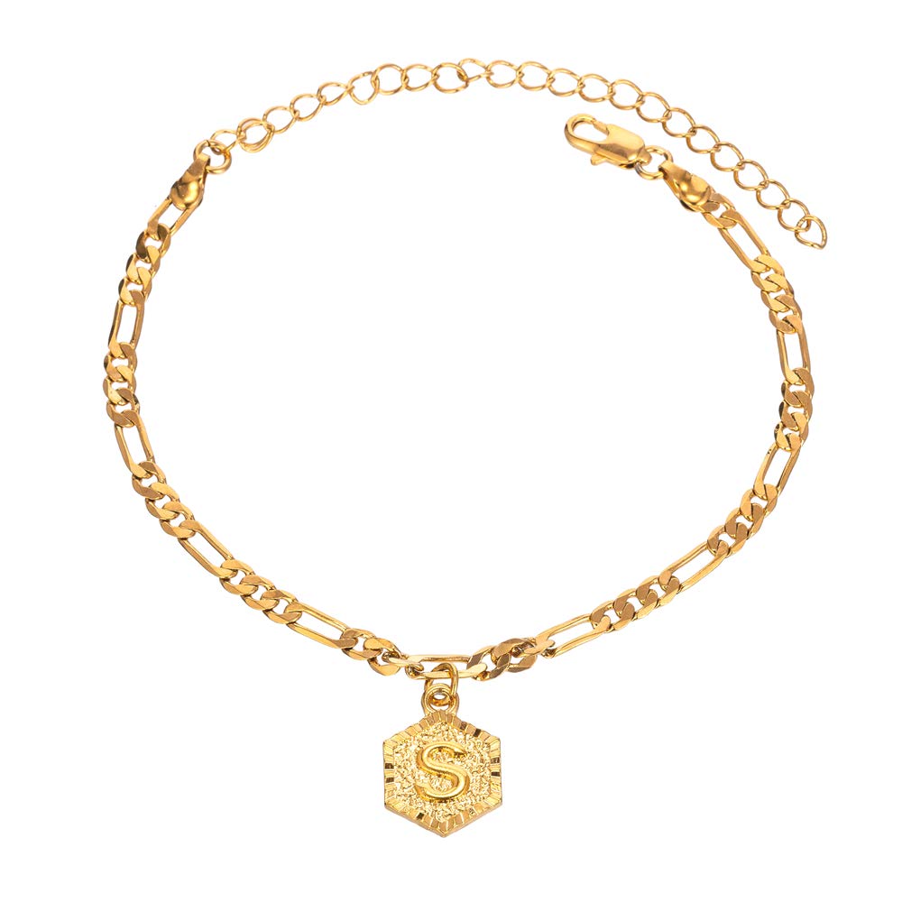 kelistom Gold Initial Anklet for Women Men, 18K Gold Plated Figaro Chain Link Ankle Bracelets for Women Foot Jewelry