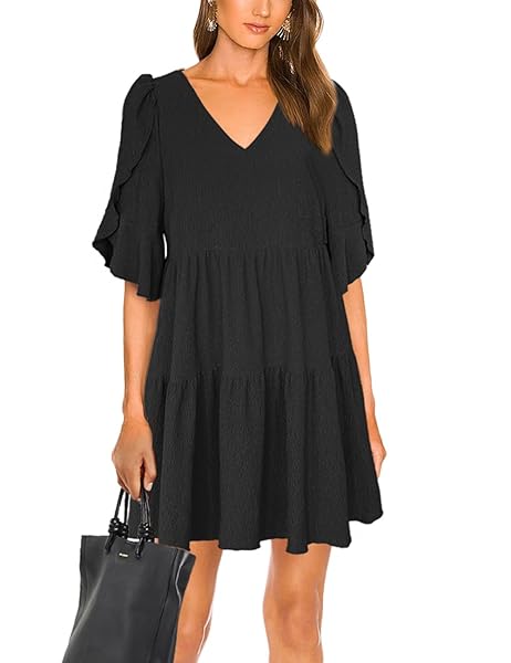 SEBOWEL WOMEN CASUAL SHORT SLEEVE V NECK PLEATED RUFFLE SHORT TIERED DRESS FLOWY MINI PARTY DRESS LOOSE SWING DRESS, BLACK, L