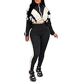 Akmipoem Womens 2 Piece Outfits Color block Tracksuit Zip Up Cropped Jacket and High Waist Leggings Set
