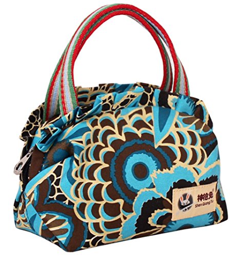 Ecokaki(TM) Canvas Lovely Printed Tote Ladies Handbag Lunch Bags Shopping Bag, Blue Flowers - Thumbnail 6