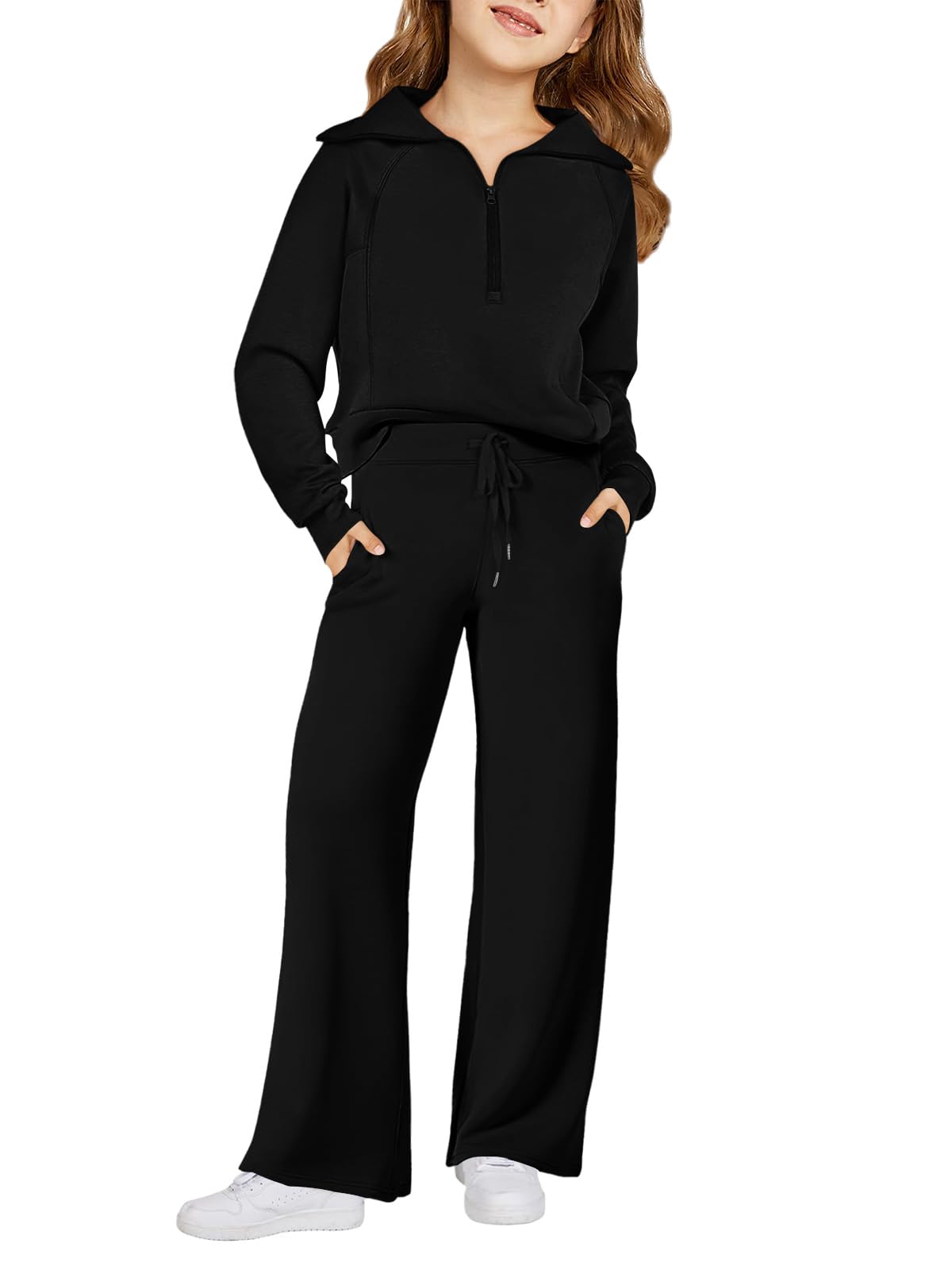 Photo 1 of Haloumoning Girls 2 Piece Outfits Sweatsuit Half Zip Long Sleeve Sweatshirts Sweatpants Tracksuit Sets 5-14 years
