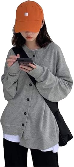 Amazon テンーシ レディース スナップボタン クルーネック スタジャン パーカー カーディガン トップス ストリート系 アウター 無地 シンプル ゆったり ジャケット トレーナー 薄手 春秋冬 ライトアウター ｂｆ風 グレー F トレーナー パーカー 通販