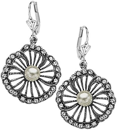 Van Kempen Art Nouveau Simulated Pearl and Swarovski Crystals Flower Drop Earrings in Sterling Silver