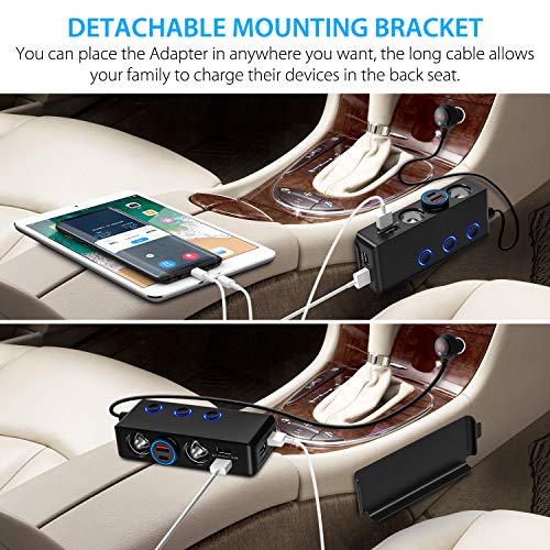 [Quick Charge 3.0] 3-Socket Cigarette Lighter Adapter, 120W 12V/24V Car Power DC Outlet Splitter with 8.5A 4 USB Charging Ports Car Charger (Black) - Thumbnail 5