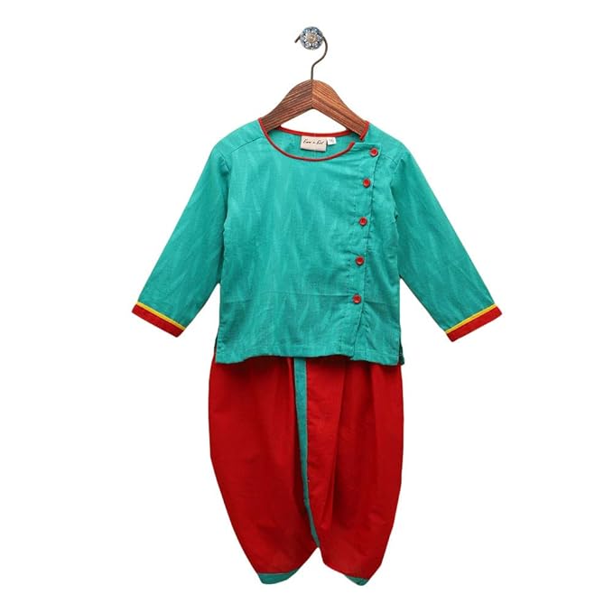 BownBee By Hopscotch Baby boys Cotton Front Open Full Sleeve Infant Dhoti Kurta in Green Color