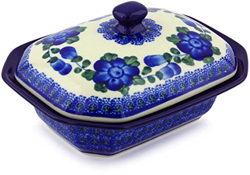 Polish Pottery Dish with Cover 7-inch Blue Poppies