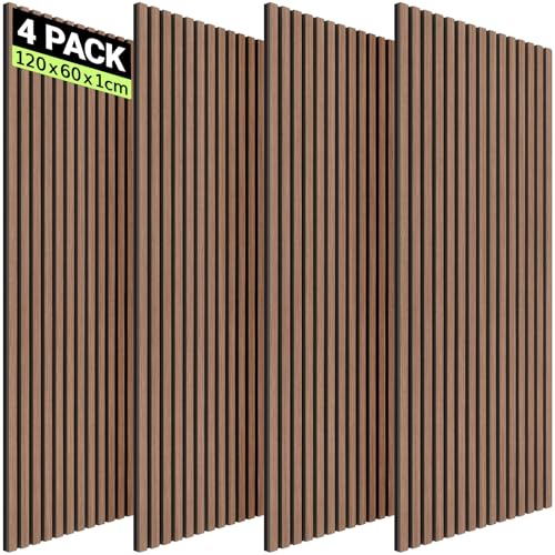 TONOR 4 Stück 120x60 cm Akustikpaneele holz, 2,88m² Wandpaneele Holz Holzpaneele Wand, Paneele Wand für Wanddeko Wohnzimmer, Büro, Küche, Walnuss