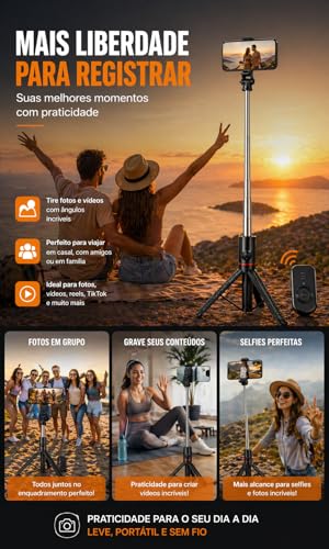 Tripé para Celular 1,70m com Altura Ajustável, Bastão de Selfie 3 em 1 com Controle Bluetooth, Rotação 360°, Portátil para Vídeos, Fotos e Lives, iPhone e Android