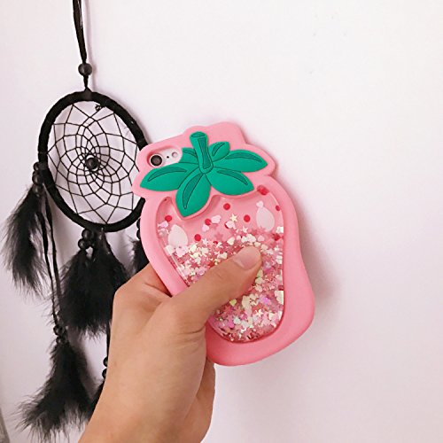Glitter Liquid Floating Stars Pink Strawberry Case for iPhone 7 8 iPhone7 iPhone8 Regular 4.7" Water Flowing Soft Silicone Thick Protective Cute Fresh Bling Shiny Bold Gift Kids Women Teens Girls