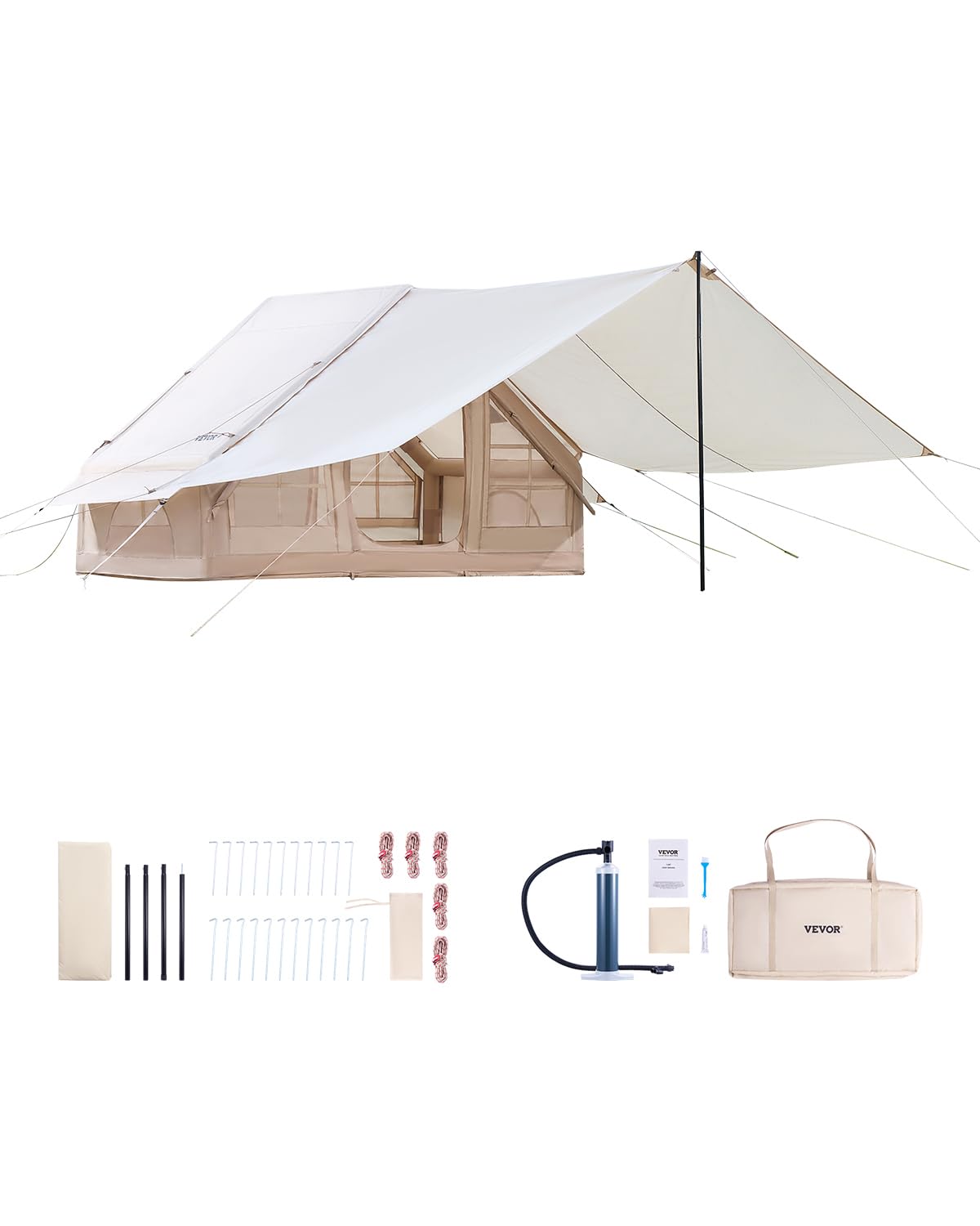 VEVOR Aufblasbare Zelte für Camping 3x2x2 m, 3–5 Personen, 300D Oxford 4-Jahreszeiten-Glamping-Zelt mit Baldachin, Handpumpe, Ofenanschluss, 2 Türen & 2 Netzfenstern (Aufbewahrungstasche inkl.)