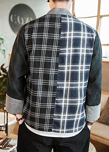 Hotmiss Men's Hipster Plaid Patchwork Linen Cloak Open Front Cardigan Kimono Jackets (Black Plaid, Medium) - Thumbnail 4