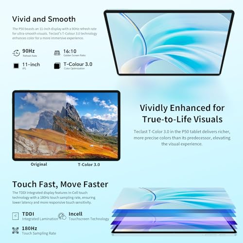 TECLAST P50 Tablet 11 Inch Android 16 Tablet 90Hz, Dual SIM 4G LTE + 5G WiFi, 2GHz Octa-Core T7250, 128GB ROM(TF 5TB), Gemini AI, 7000mAh, Widevine L1/GPS/8MP/3.5MM, Tablet with Pencil+Case, 2026