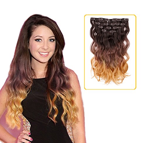 Creamily 18" Long Curly Wavy Ombre Color Clip in 8 Pieces 18 Clip Full Head Set Hair Extensions for Women (#4/10/27)