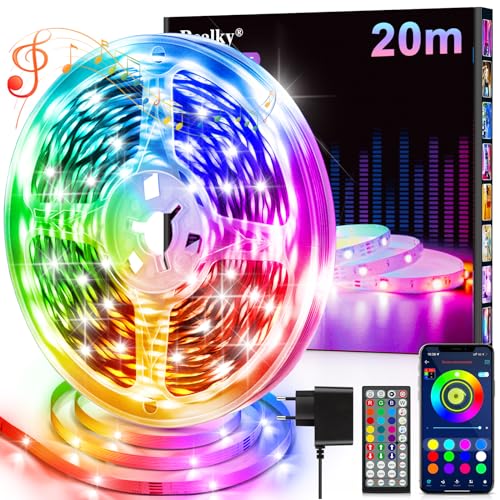 Realky LED Strip, 20 m RGB Bedroom Lights, Bluetooth APP Controlled Multicolour LED Strips, Fancy Led Strip LED Music Synchronises for Decorating Stairs, Parties, Kitchen Home, Gaming Room