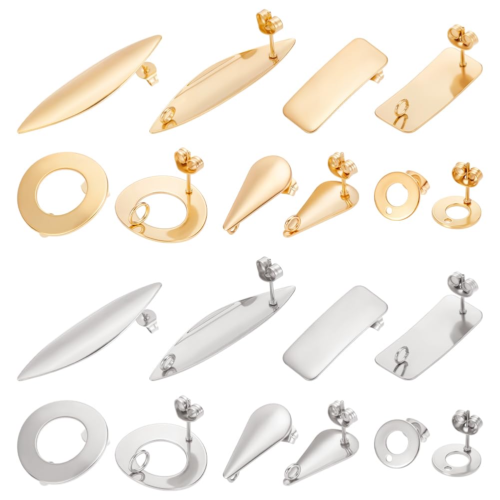 UNICRAFTALE 5 Shapes Stud Earring with Ear Nut 10 Pairs Stud Earring 0.8mm Pin Stainless Steel Stud Earring Mixed Shape Ear Studs for DIY Earrings Jewelry Making