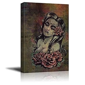 Canvas Print Wall Art - Day of The Dead (Dia De Los Muertos) Themed Art Sexy Girl with Roses - Gallery Wrap Modern Home Art | Ready to Hang - 12x18 inches