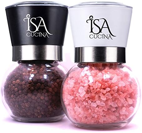 Salt Mill and Pepper Grinder Set, Beautiful glass globes with adjustable ceramic grinders
