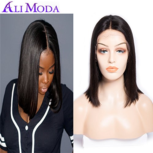 Ali Moda Brazilian Silky Straight Short BoB Lace Front Wigs 150% Density Bleached Knots Glueless Virgin Human Hair Lace Frontal Wigs Wavy With Baby Hair Nature Line 10 inch