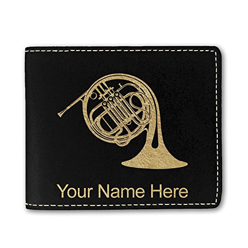 Faux Leather Wallet, French Horn, Personalized Engraving Included (Black)