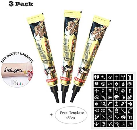 3 Pack Upgraded Temporary Tattoo Paste Cone India Art Drawing Kit Tattoo Stickers with 48 x Adhesive Stencil, Color Black