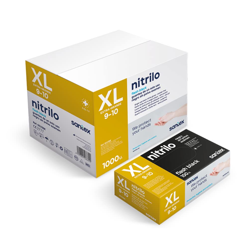 Santex Extra Strong Black Powder Free Nitrile Gloves | Flash Black Nitrile Range | Single Use Disposable Gloves | Latex Free | Box of 100 | Size XL