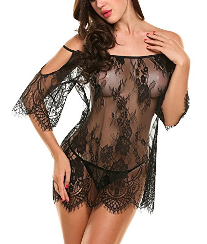 ADOME-Dessous-Erotik-Set-kalte-Schulter-Reizwsche-fr-Damen-Sexy-transparenter-Spitzen-34-rmel-Nachtwsche-Babydoll-mit-G-String