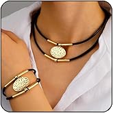 cotwdi Chunky Gold Necklace and Bracelets Set Vintage Boho Layered Choker Necklace for Women Leather Rope Western Necklaces Chunky Jewelry Sets for Women