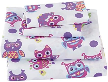 MK Collection 4 pc Sheet Set Full Size Owl Purple Pink Green White # Owl White New (Full)
