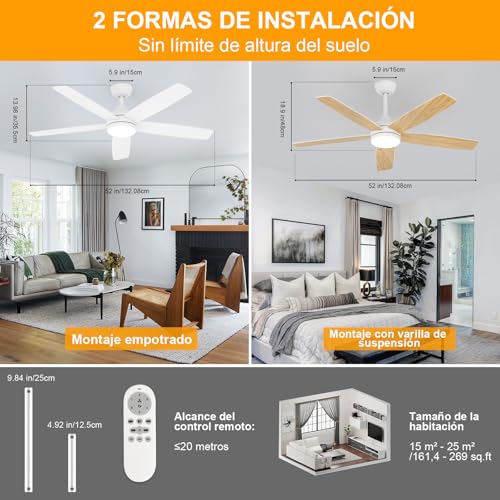 Dorlink Ceiling Fan Lamp with Remote Control, Ø132 cm, 6 Speeds, Timer, 34W DC Motor, Summer-Winter Function, Fan Lamp for Indoor Bedroom, Natural Wood Colour/White