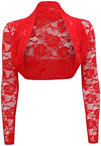 Women Lace Cardigan Long Sleeves Crochet Shrug Cheongsam Open Front Short Jacket Red XL