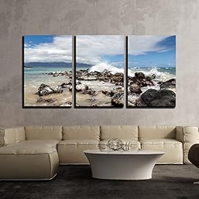 3 Piece Canvas Wall Art - Landscape with Rocks and Waves by The Seashore - Modern Home Art Stretched and Framed Ready to Hang - 16"x24"x3 Panels